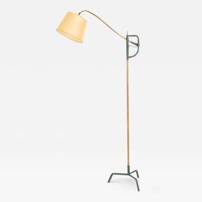 Jacques Adnet Hunter Green Stitched Leather and Brass Floor Lamp by Jacques Adnet