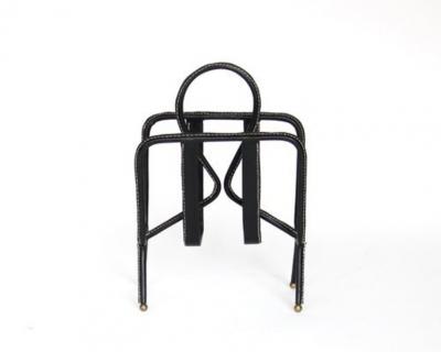 Jacques Adnet JACQUES ADNET BLACK LEATHER AND BRASS BALL FEET FRENCH MAGAZINE HOLDER
