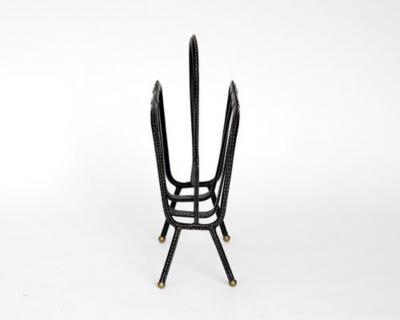 Jacques Adnet JACQUES ADNET BLACK LEATHER AND BRASS BALL FEET FRENCH MAGAZINE HOLDER