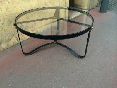 Jacques Adnet Jacques Adnet 1940s Black Hand Stitched Leather Tripod Coffee Table