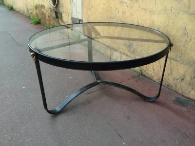 Jacques Adnet Jacques Adnet 1940s Black Hand Stitched Leather Tripod Coffee Table