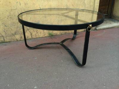 Jacques Adnet Jacques Adnet 1940s Black Hand Stitched Leather Tripod Coffee Table