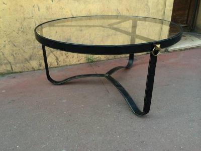 Jacques Adnet Jacques Adnet 1940s Black Hand Stitched Leather Tripod Coffee Table