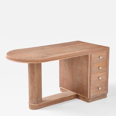 Jacques Adnet Jacques Adnet Cerused Oak Double Side Desk Drawers Steel Knobs France 1950