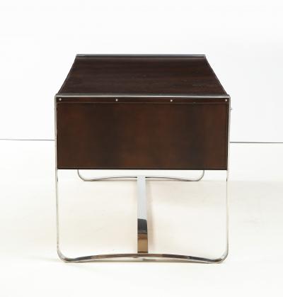 Jacques Adnet Jacques Adnet Desk Wrapped in Brown Leather on Chrome Base