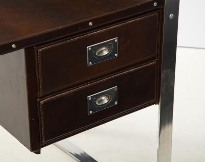 Jacques Adnet Jacques Adnet Desk Wrapped in Brown Leather on Chrome Base