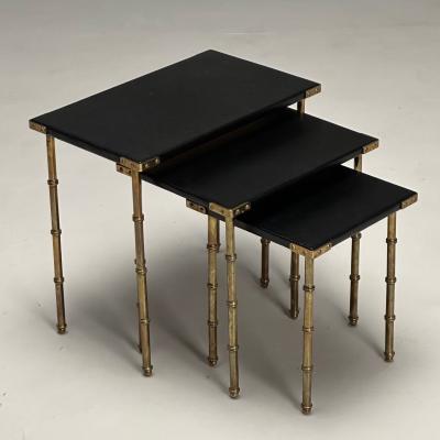 Jacques Adnet Jacques Adnet French Mid Century Modern Nesting Tables Leather Brass 1950s