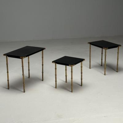 Jacques Adnet Jacques Adnet French Mid Century Modern Nesting Tables Leather Brass 1950s