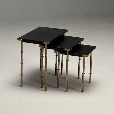 Jacques Adnet Jacques Adnet French Mid Century Modern Nesting Tables Leather Brass 1950s