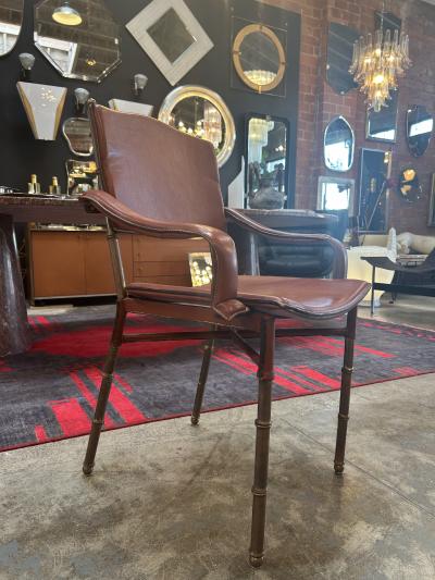 Jacques Adnet Jacques Adnet French Modernist Leather Brass Chairs Set of 4