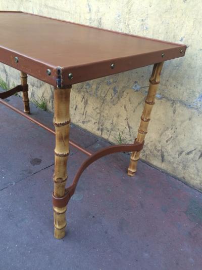 Jacques Adnet Jacques Adnet Rare Bamboo and Hand Stitched Brow Leather Coffee Table