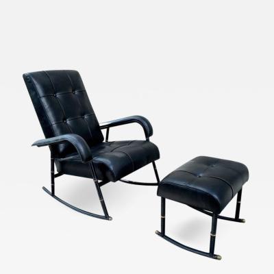 Jacques Adnet Jacques Adnet Rare Rocking Chair and Footstool in Black Hand Stitched Leather