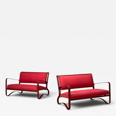 Jacques Adnet Jacques Adnet Rare Two Seater Sofas Leather Steel France 1950s