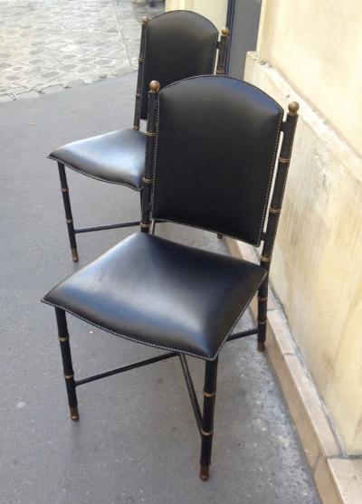 Jacques Adnet Jacques Adnet Rare Vintage Pair of Hand Stitched Black Leather Chairs
