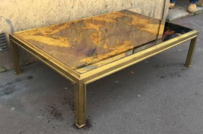 Jacques Adnet Jacques Adnet Sturdy Gold Bronze Big Coffee Table with a Gold Leaf Mirrored Top