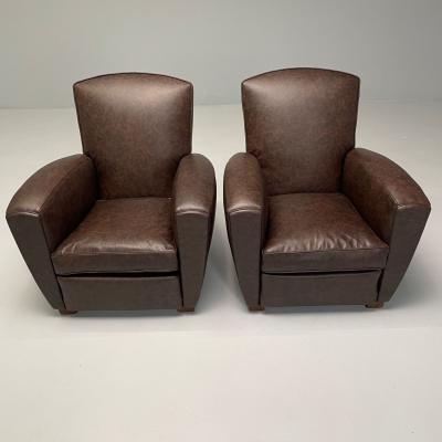 Jacques Adnet Jacques Adnet Style French Art Deco Club Chairs Distressed Leather Oak 1930s
