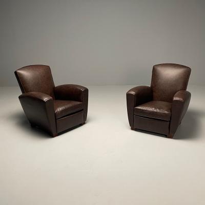Jacques Adnet Jacques Adnet Style French Art Deco Club Chairs Distressed Leather Oak 1930s