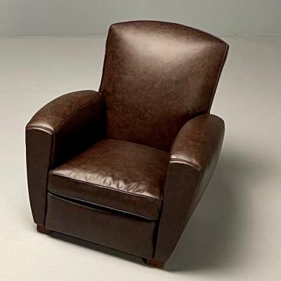 Jacques Adnet Jacques Adnet Style French Art Deco Club Chairs Distressed Leather Oak 1930s