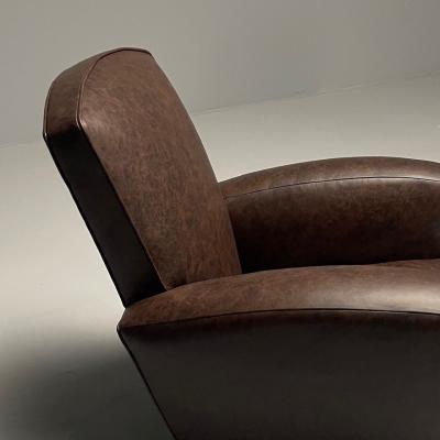 Jacques Adnet Jacques Adnet Style French Art Deco Club Chairs Distressed Leather Oak 1930s