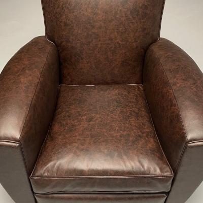 Jacques Adnet Jacques Adnet Style French Art Deco Club Chairs Distressed Leather Oak 1930s
