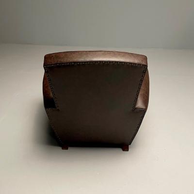 Jacques Adnet Jacques Adnet Style French Art Deco Club Chairs Distressed Leather Oak 1930s