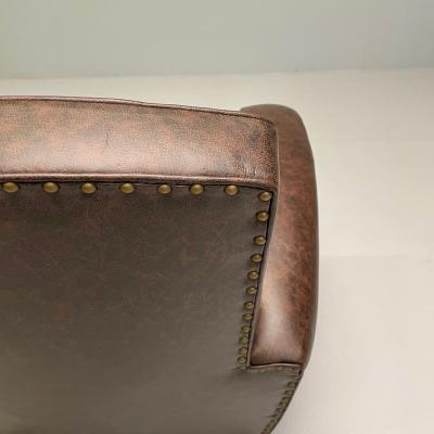 Jacques Adnet Jacques Adnet Style French Art Deco Club Chairs Distressed Leather Oak 1930s