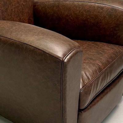Jacques Adnet Jacques Adnet Style French Art Deco Club Chairs Distressed Leather Oak 1930s