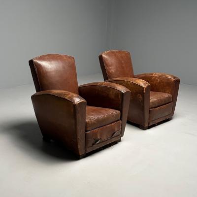 Jacques Adnet Jacques Adnet Style French Art Deco Club Chairs Distressed Leather Oak 1930s