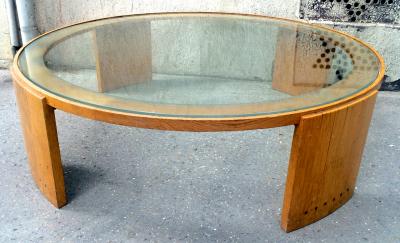 Jacques Adnet Jacques Adnet Very Large Round Coffee Table in Oak and Glass Top