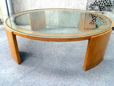 Jacques Adnet Jacques Adnet Very Large Round Coffee Table in Oak and Glass Top