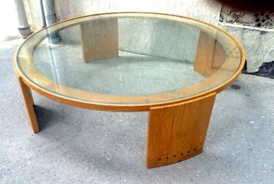 Jacques Adnet Jacques Adnet Very Large Round Coffee Table in Oak and Glass Top
