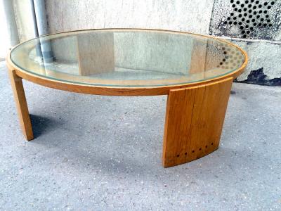 Jacques Adnet Jacques Adnet Very Large Round Coffee Table in Oak and Glass Top