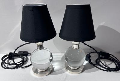 Jacques Adnet Jacques Adnet and Clear Baccarat Crystal Ball Metal Art Deco Table Lamps