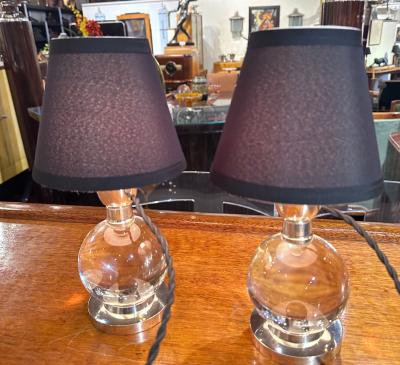 Jacques Adnet Jacques Adnet and Clear Baccarat Crystal Ball Metal Art Deco Table Lamps