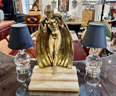 Jacques Adnet Jacques Adnet and Clear Baccarat Crystal Ball Metal Art Deco Table Lamps