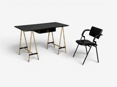 Jacques Adnet Jacques Adnet attr Desk Black Leather Brass France 1950s