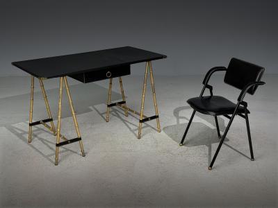 Jacques Adnet Jacques Adnet attr Desk and Folding Chair Black Leather Brass France 1950s