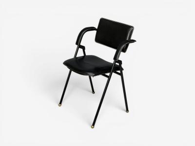 Jacques Adnet Jacques Adnet attr Desk and Folding Chair Black Leather Brass France 1950s