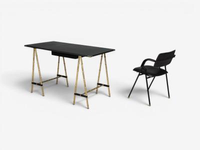 Jacques Adnet Jacques Adnet attr Folding Chair Black Leather Brass France 1950s