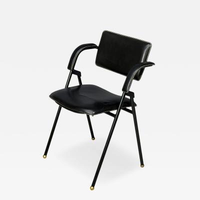 Jacques Adnet Jacques Adnet attr Folding Chair Black Leather Brass France 1950s