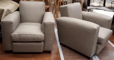Jacques Adnet Jacques Adnet comfy documented pair of club chairs newly covered in canvas cloth