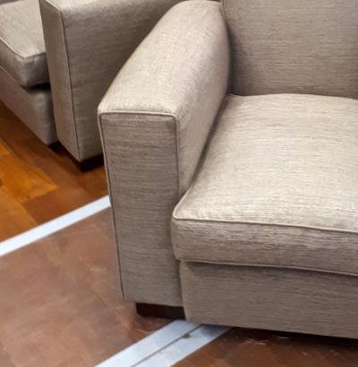 Jacques Adnet Jacques Adnet comfy documented pair of club chairs newly covered in canvas cloth