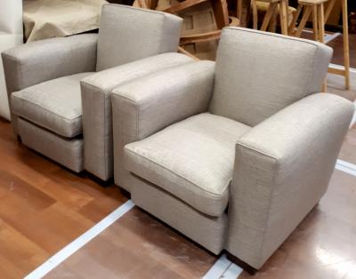 Jacques Adnet Jacques Adnet comfy documented pair of club chairs newly covered in canvas cloth