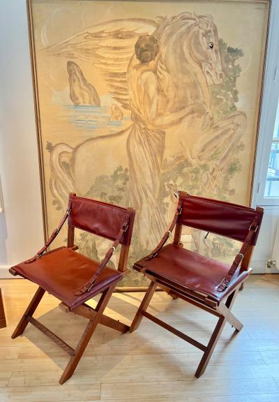 Jacques Adnet Jacques Adnet documented hand stitched leather pair of chairs
