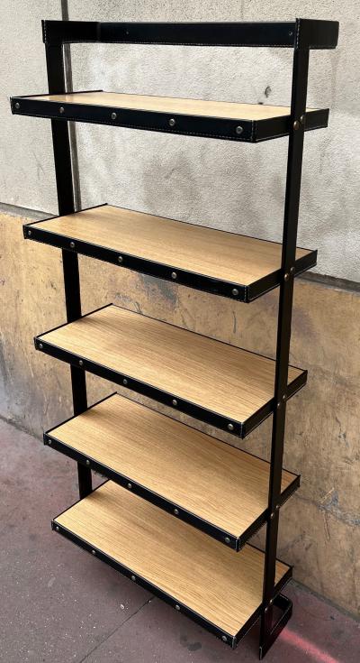 Jacques Adnet Jacques Adnet exceptional hand stiched black leather shelves library