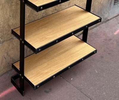 Jacques Adnet Jacques Adnet exceptional hand stiched black leather shelves library