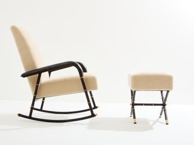 Jacques Adnet Jacques Adnet leather mohair velvet rocking chair with ottoman 1950