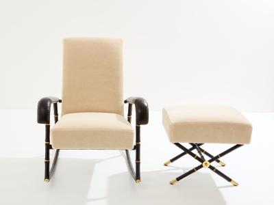 Jacques Adnet Jacques Adnet leather mohair velvet rocking chair with ottoman 1950