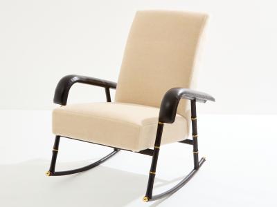 Jacques Adnet Jacques Adnet leather mohair velvet rocking chair with ottoman 1950
