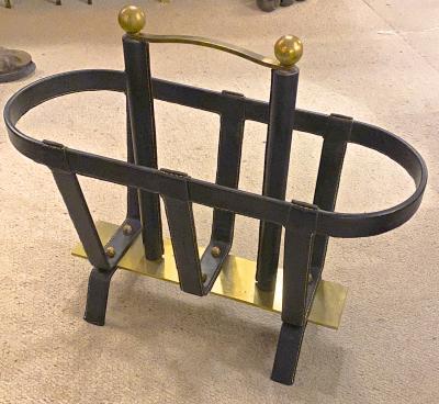 Jacques Adnet Jacques Adnet rarest solid bronze and hand stiched leather magazine rack